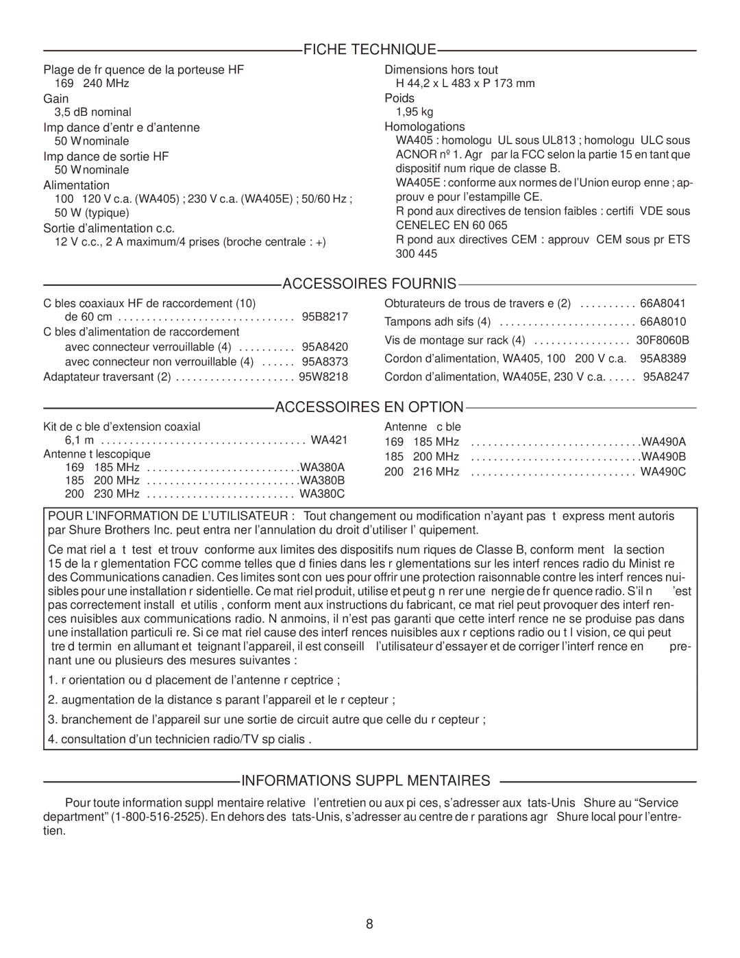 Shure WA405 manual Fiche Technique, Accessoires Fournis, Accessoires EN Option, Informations Supplémentaires 