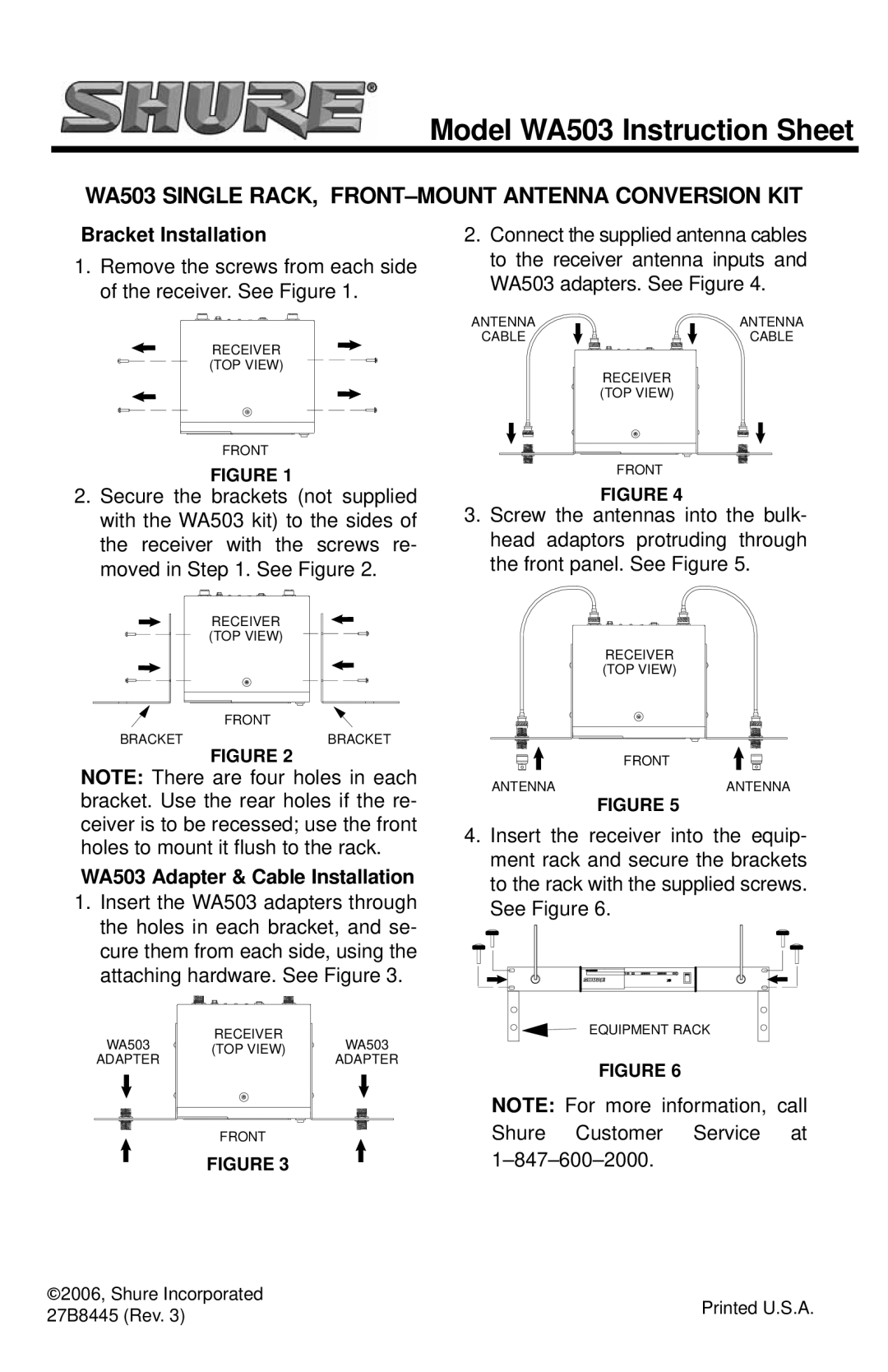 Shure instruction sheet Model WA503 Instruction Sheet, WA503 Single RACK, FRONT-MOUNT Antenna Conversion KIT 