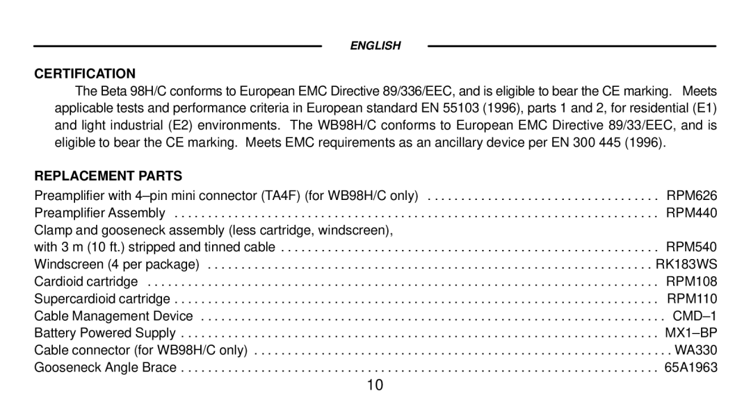 Shure WB98H/C manual Certification, Replacement Parts 