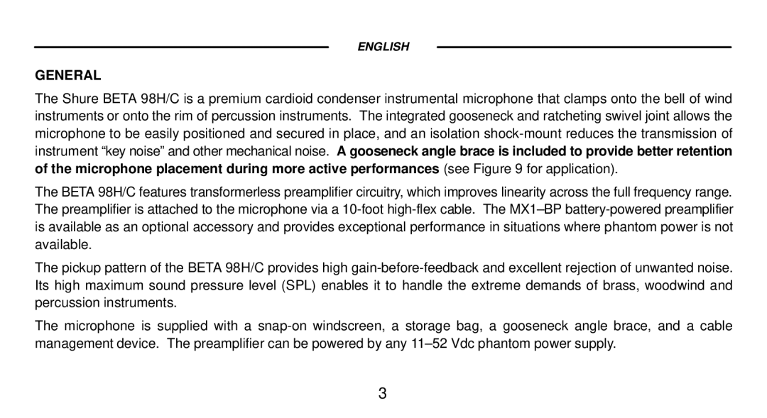 Shure WB98H/C, Beta 98H/C manual General 