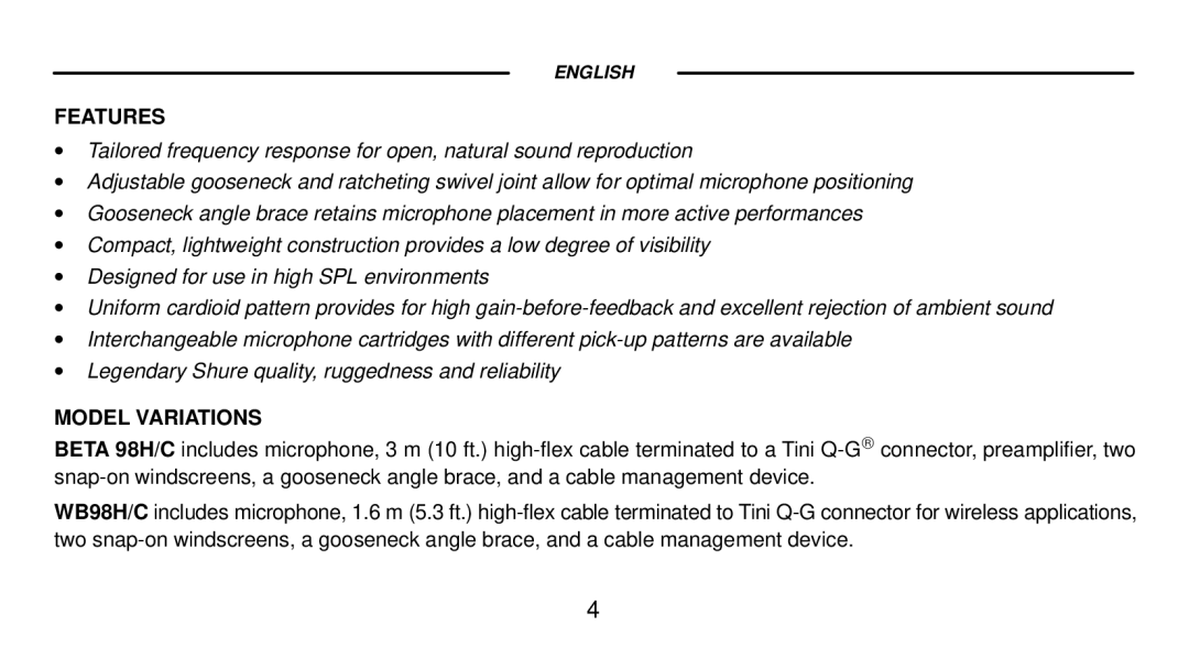 Shure Beta 98H/C, WB98H/C manual Features, Model Variations 