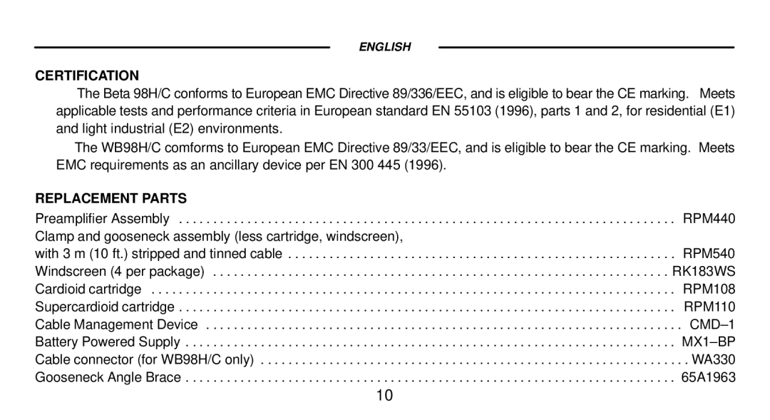 Shure Beta 98H/C, WB98H/C manual Certification, Replacement Parts 