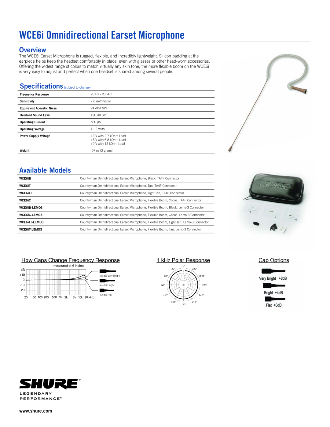 Shure WCB6, WCE6i manual WcE6i omnidirectional Earset Microphone 