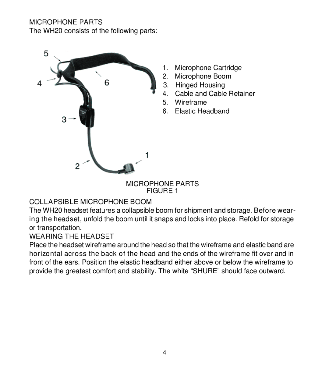 Shure WH20 manual Microphone Parts, Collapsible Microphone Boom, Wearing the Headset 