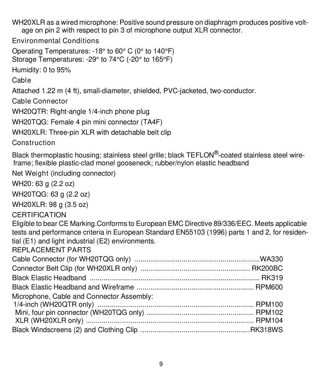 Shure WH20 manual Certification, Replacement Parts 