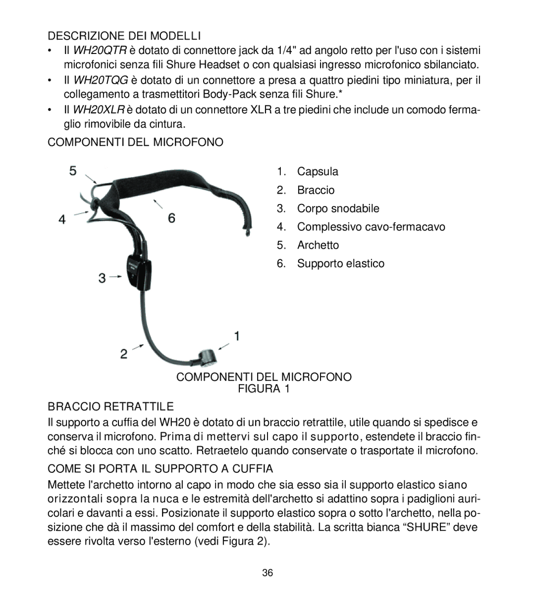 Shure WH20 manual Descrizione DEI Modelli, Componenti DEL Microfono, Come SI Porta IL Supporto a Cuffia 