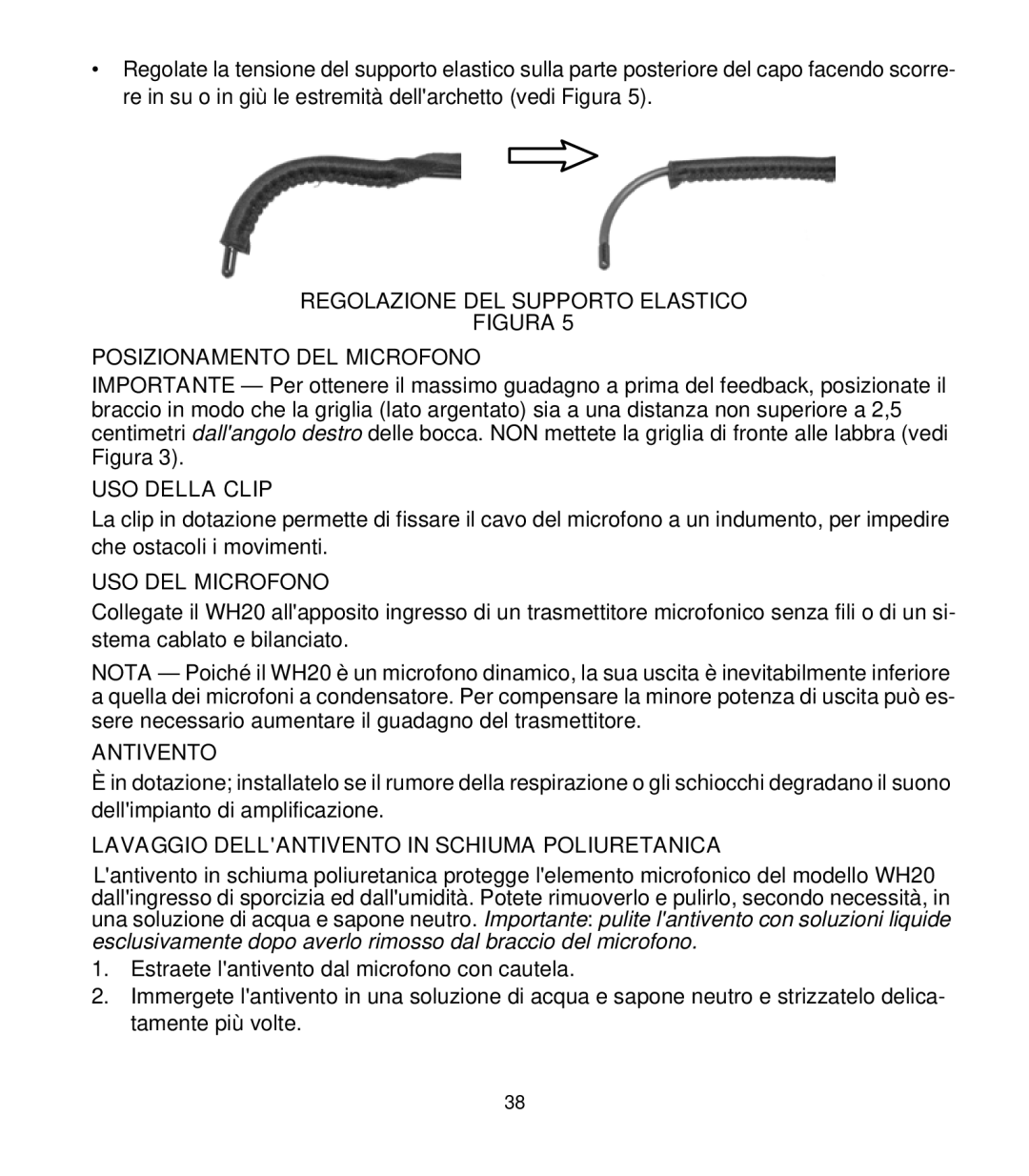 Shure WH20 manual Regolazione DEL Supporto Elastico, USO Della Clip, USO DEL Microfono, Antivento 