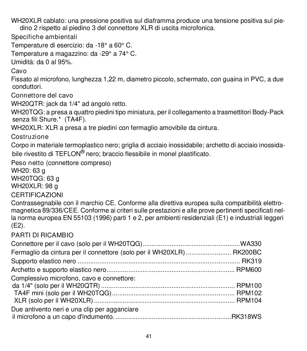 Shure WH20 manual Certificazioni, Parti DI Ricambio, RK200BC, RK318WS 