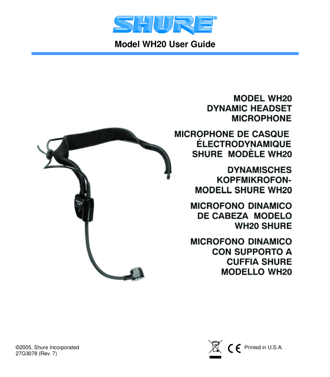 Shure manual Model WH20 User Guide 