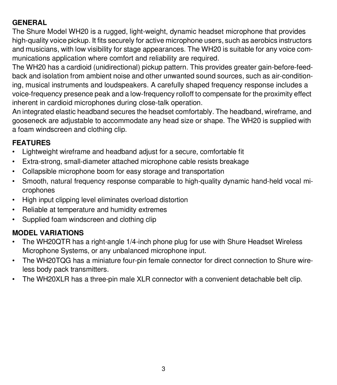 Shure WH20 manual General, Features, Model Variations 