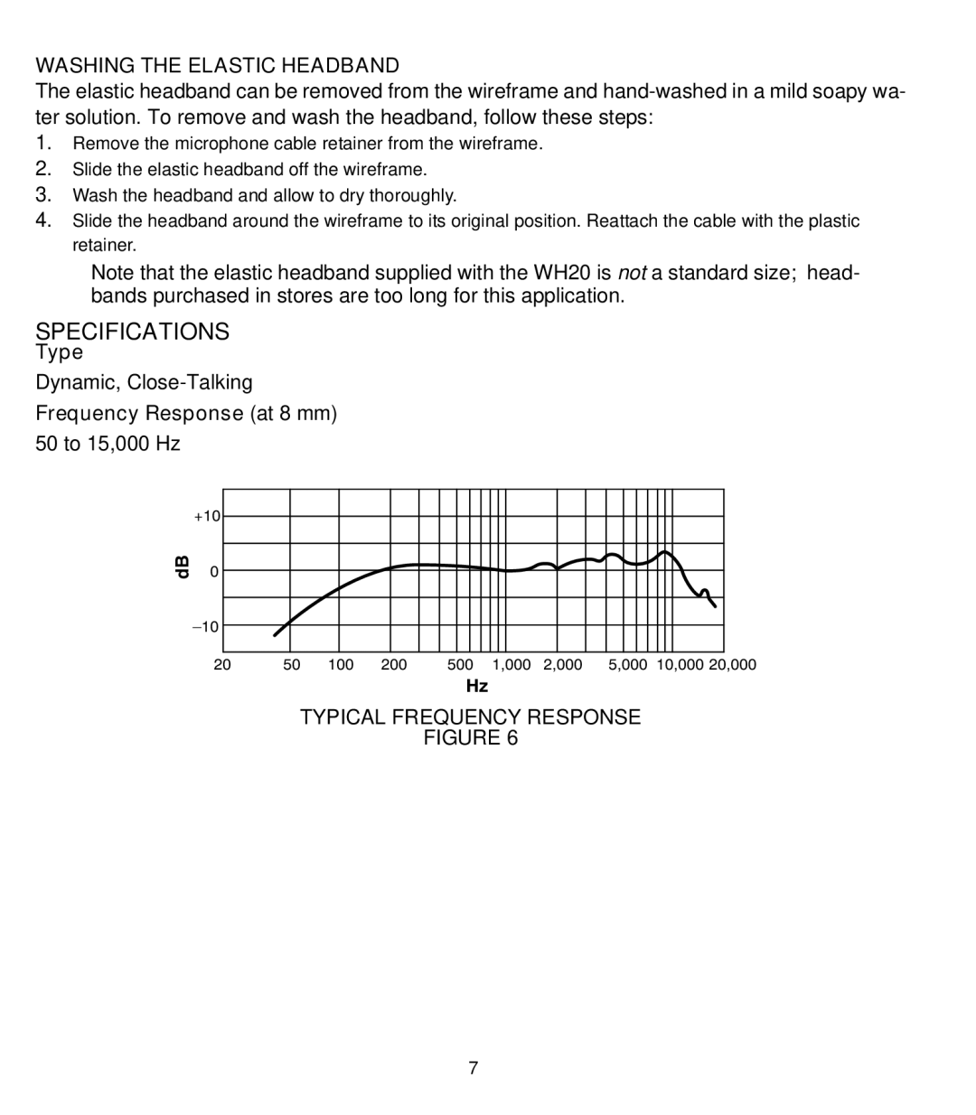 Shure WH20 manual Specifications, Washing the Elastic Headband 