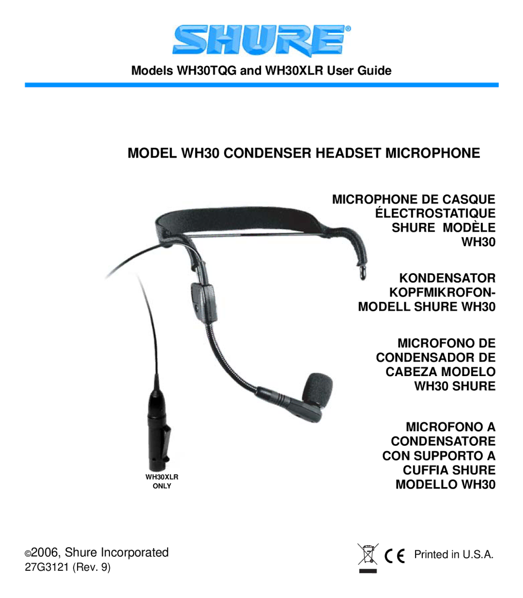 Shure manual Model WH30 Condenser Headset Microphone 