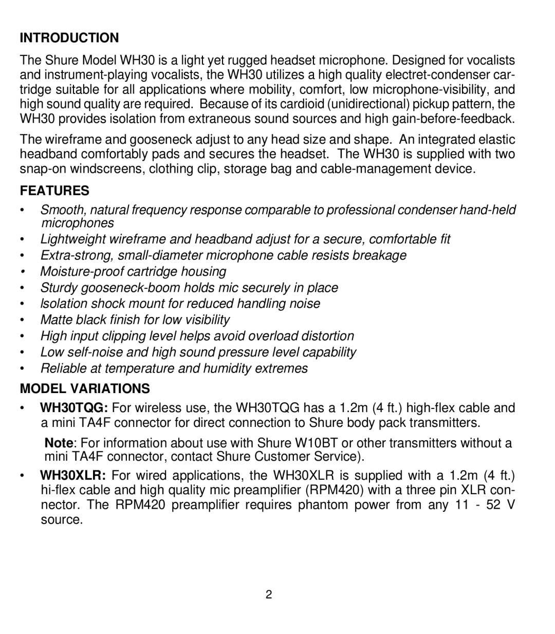 Shure WH30 manual Introduction, Features, Model Variations 