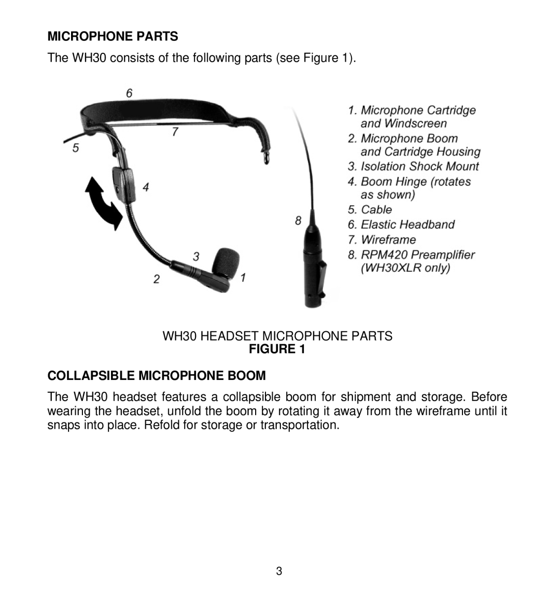 Shure manual WH30 Headset Microphone Parts, Collapsible Microphone Boom 