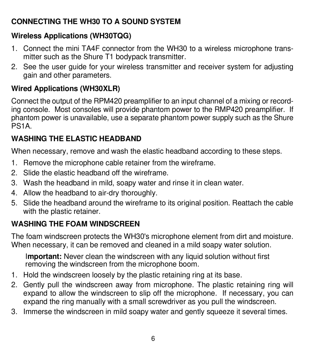 Shure manual Connecting the WH30 to a Sound System, Washing the Elastic Headband, Washing the Foam Windscreen 