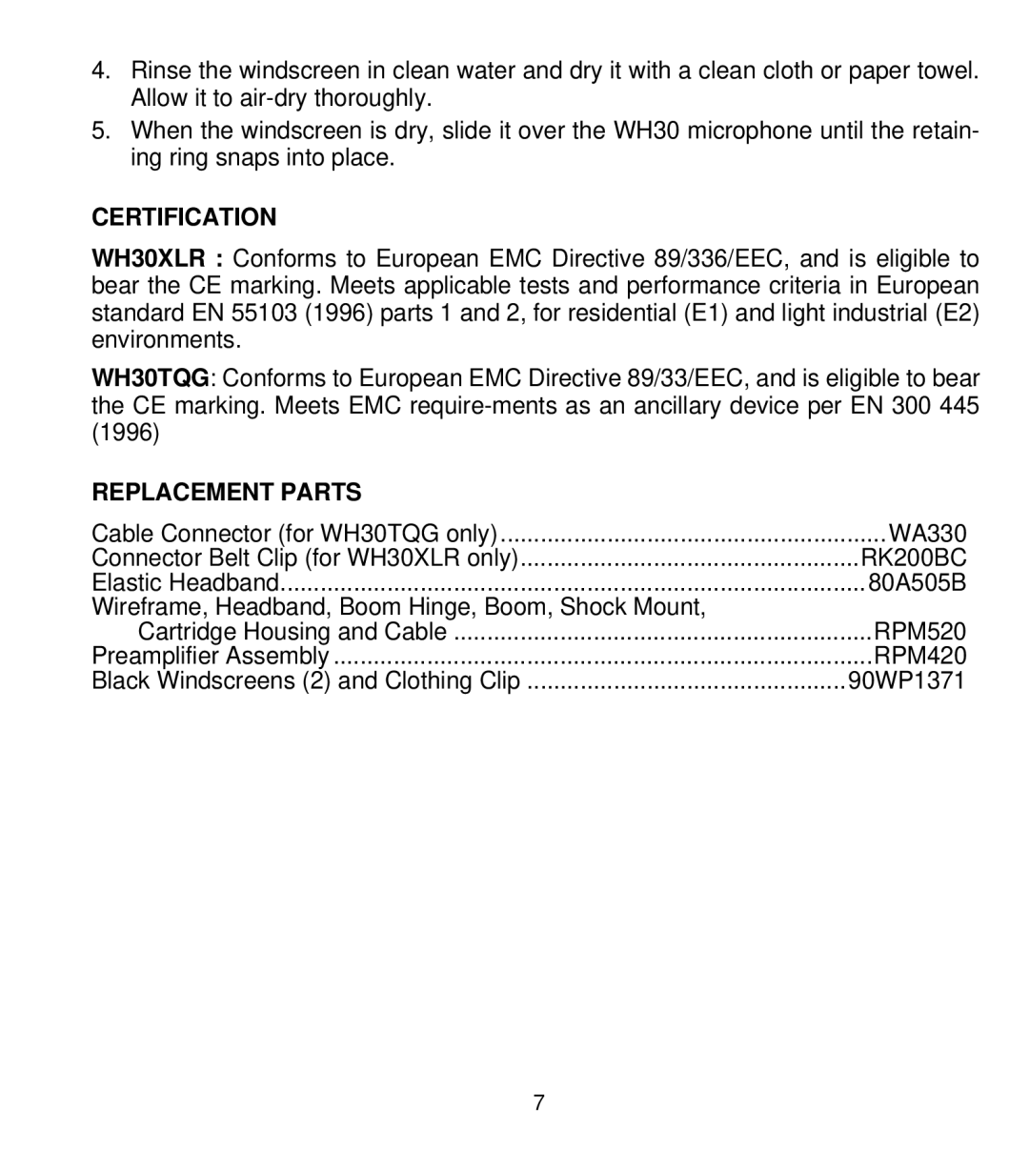 Shure WH30 manual Certification, Replacement Parts, RK200BC 