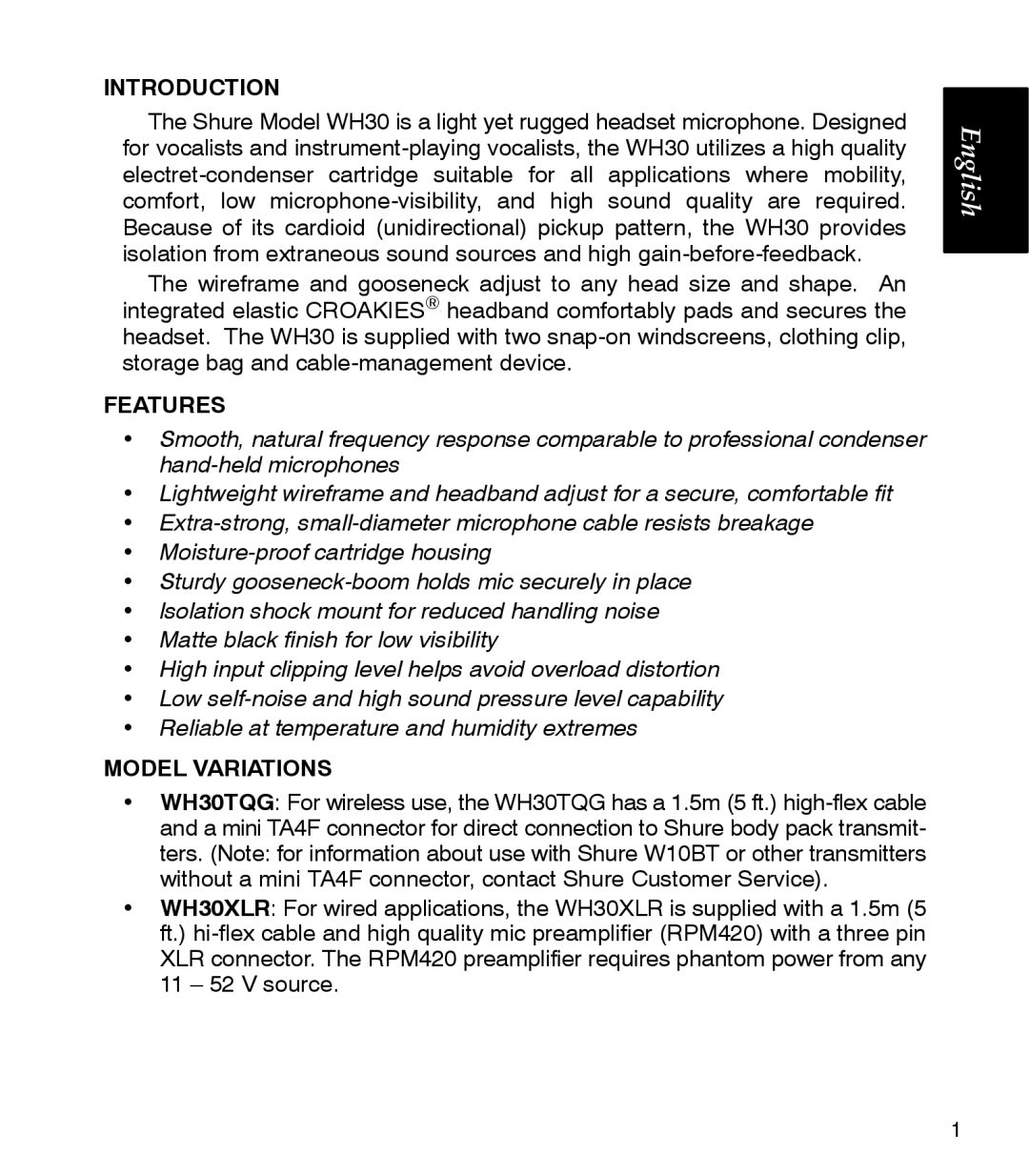 Shure WH30XLR manual Introduction, Features, Model Variations 