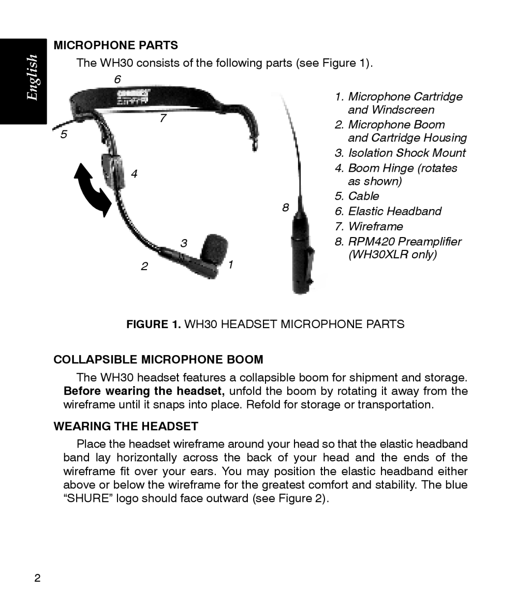 Shure WH30XLR manual Microphone Parts, Collapsible Microphone Boom, Wearing the Headset 