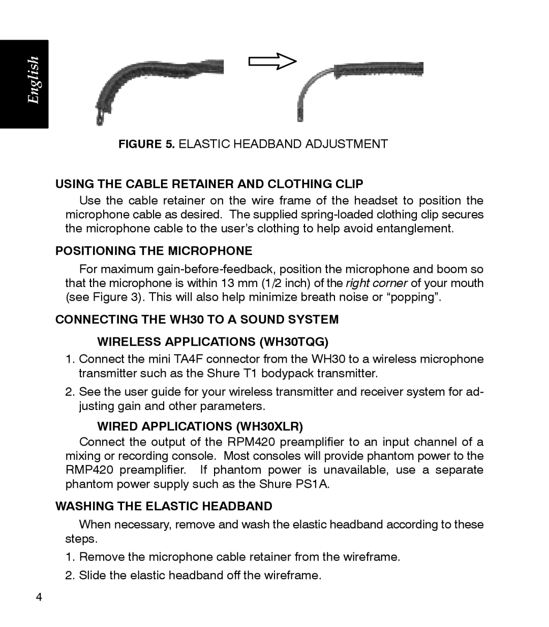 Shure manual Using the Cable Retainer and Clothing Clip, Positioning the Microphone, Wired Applications WH30XLR 