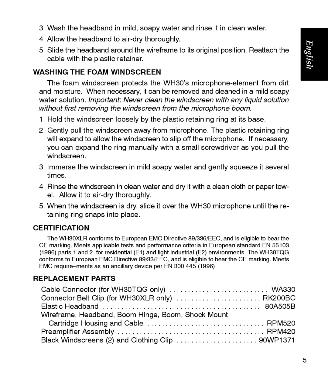 Shure WH30XLR manual Washing the Foam Windscreen, Certification, Replacement Parts 