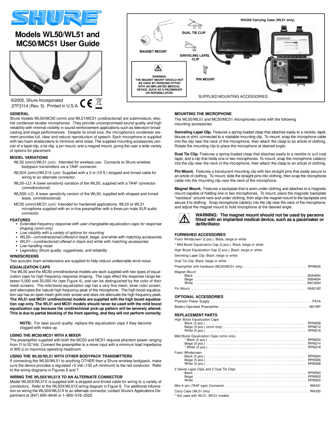 Shure WL51, WL50 manual Supplied Mounting Accessories, General, Model Variations, Features, Windscreens, Equalization Caps 