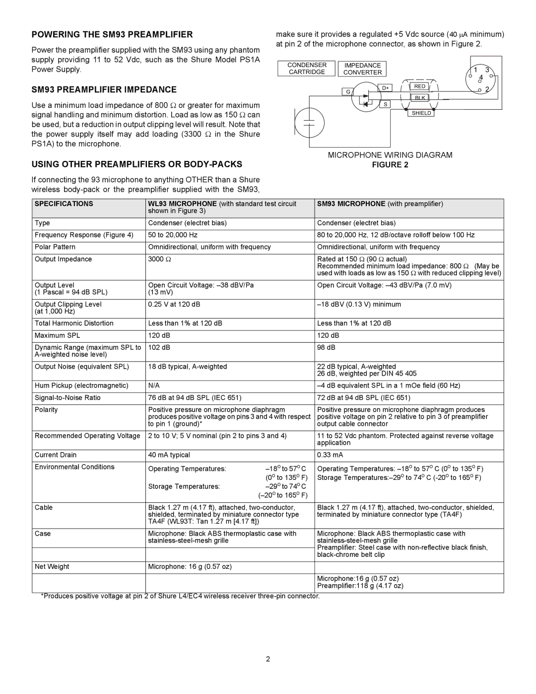 Shure WL93 manual Powering the SM93 Preamplifier, SM93 Preamplifier Impedance, Using Other Preamplifiers or BODY-PACKS 