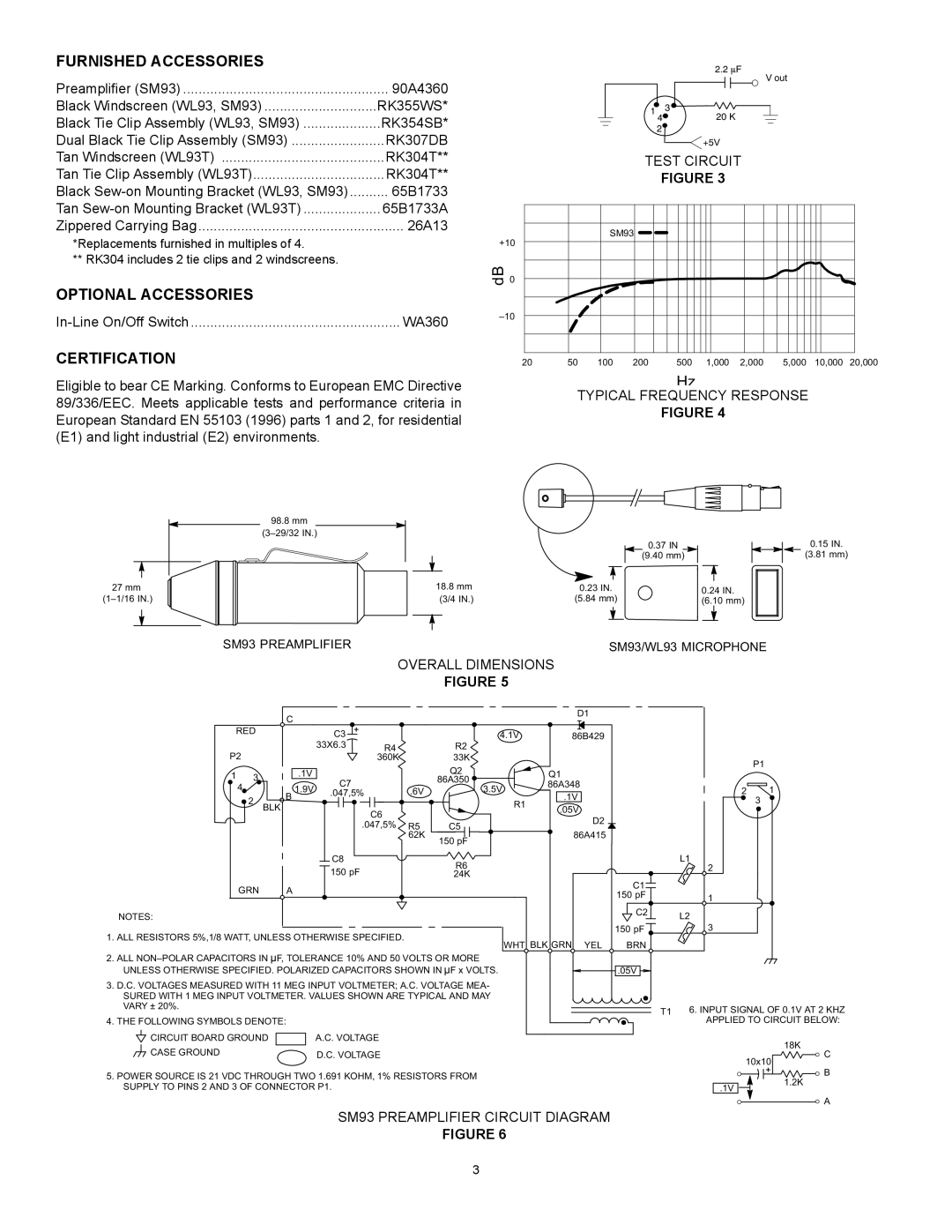 Shure WL93 manual Furnished Accessories, Optional Accessories, Certification 