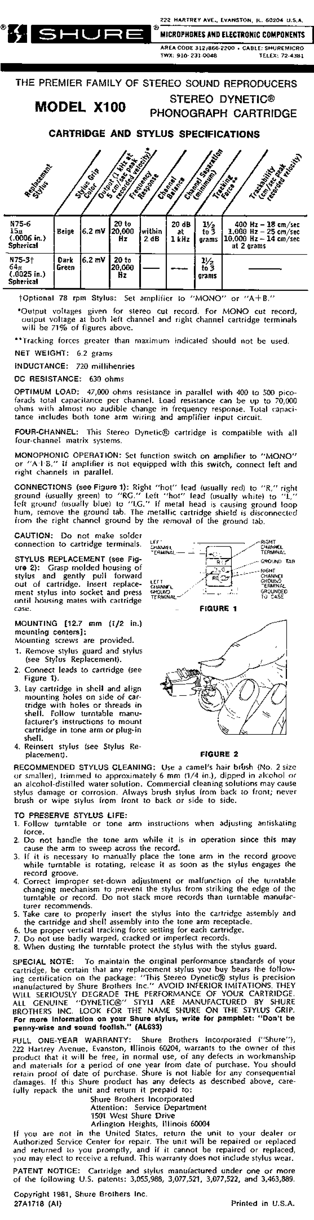 Shure X100 specifications KEzNEL, 1v2, 1kHz, To Preserve Stylus Life 