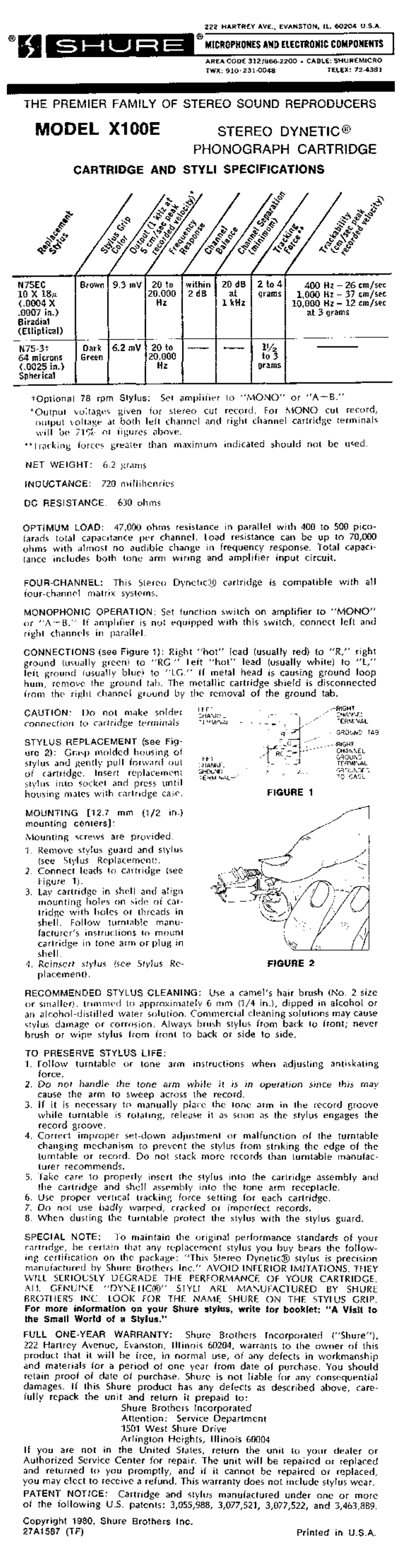 Shure specifications Model X100E, Kfnnnel, Phonograph Cartridge, IbZNEL, Cartridge and Styli Specifications 