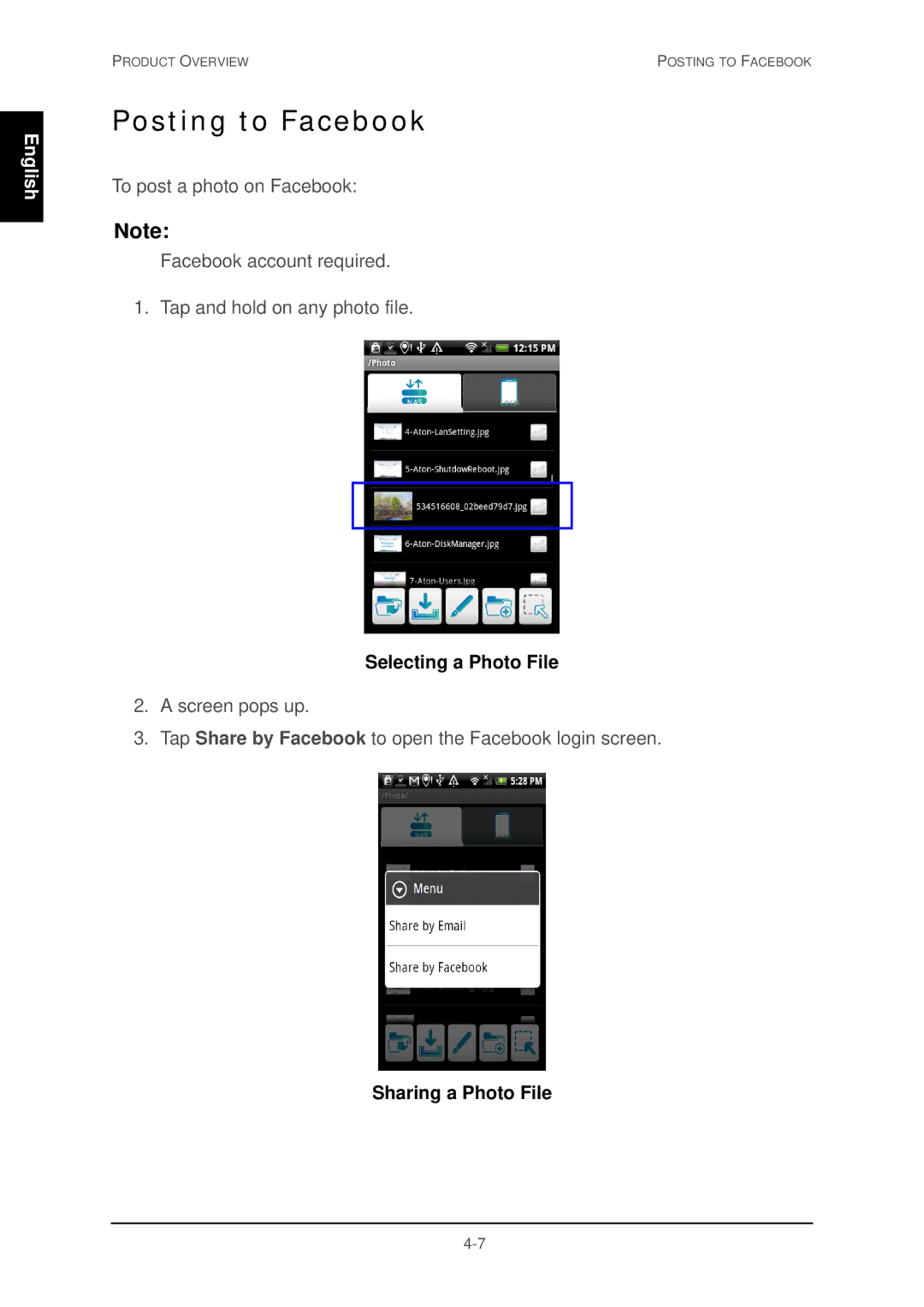 Shuttle Computer Group 74RKD20005SHU001 user manual Posting to Facebook, Selecting a Photo File, Sharing a Photo File 