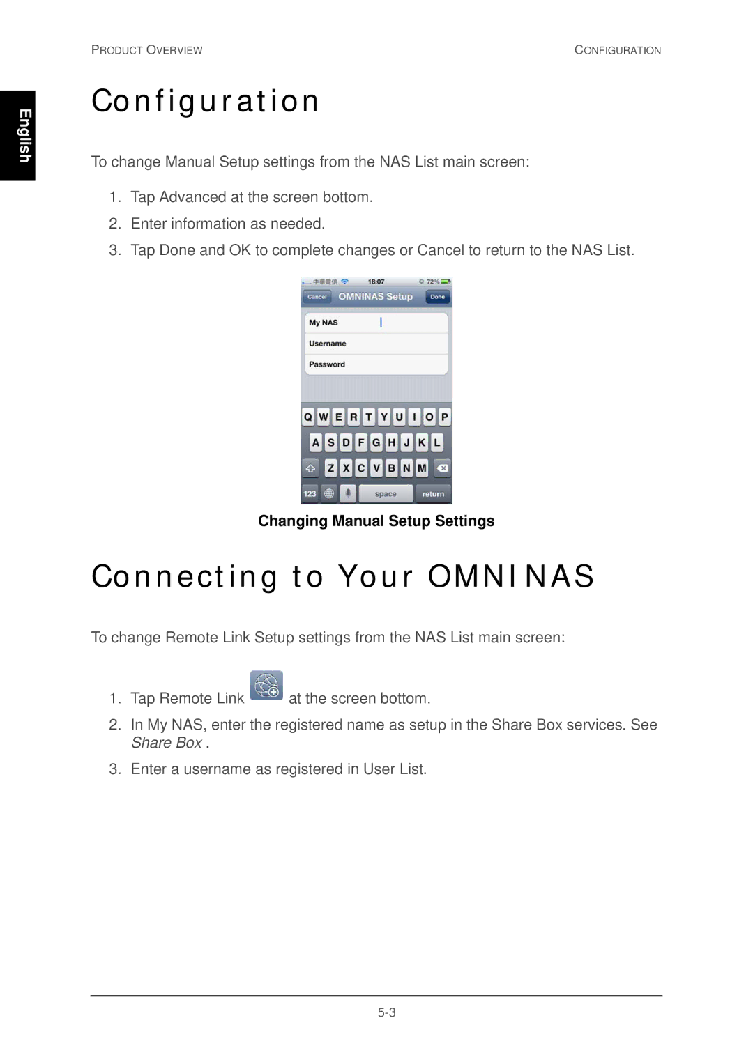 Shuttle Computer Group 74RKD20005SHU001 Configuration, Connecting to Your Omninas, Changing Manual Setup Settings 