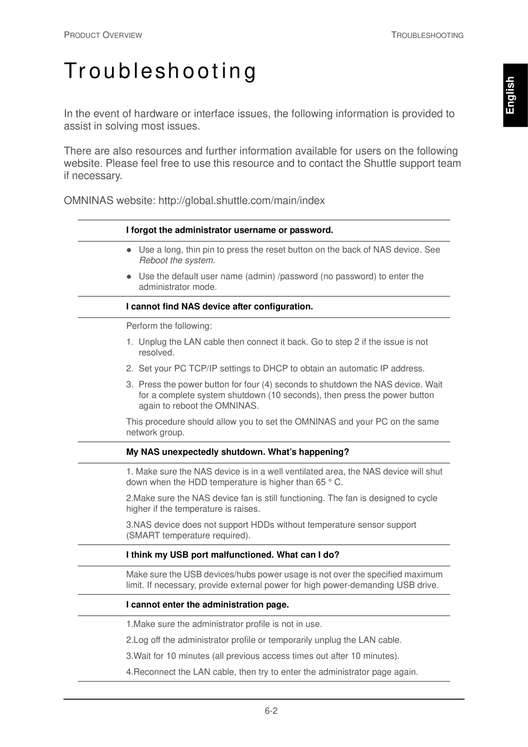 Shuttle Computer Group 74RKD20005SHU001 user manual Troubleshooting, Forgot the administrator username or password 