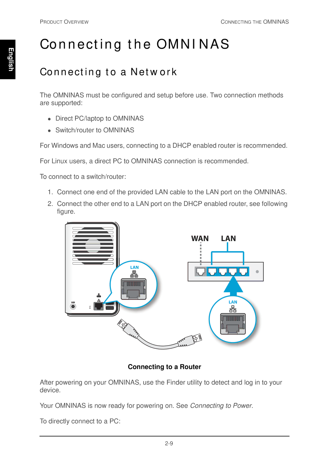 Shuttle Computer Group 74RKD20005SHU001 user manual Connecting the Omninas, Connecting to a Network, Connecting to a Router 