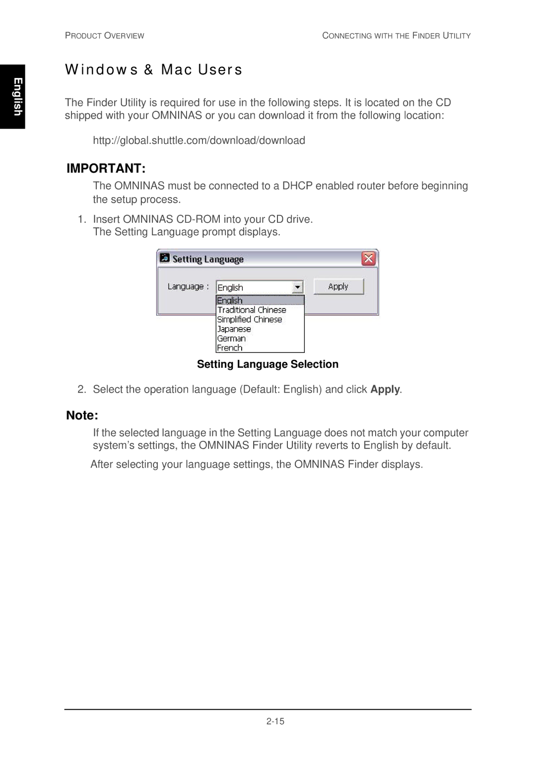 Shuttle Computer Group 74RKD20005SHU001 user manual Windows & Mac Users, Setting Language Selection 