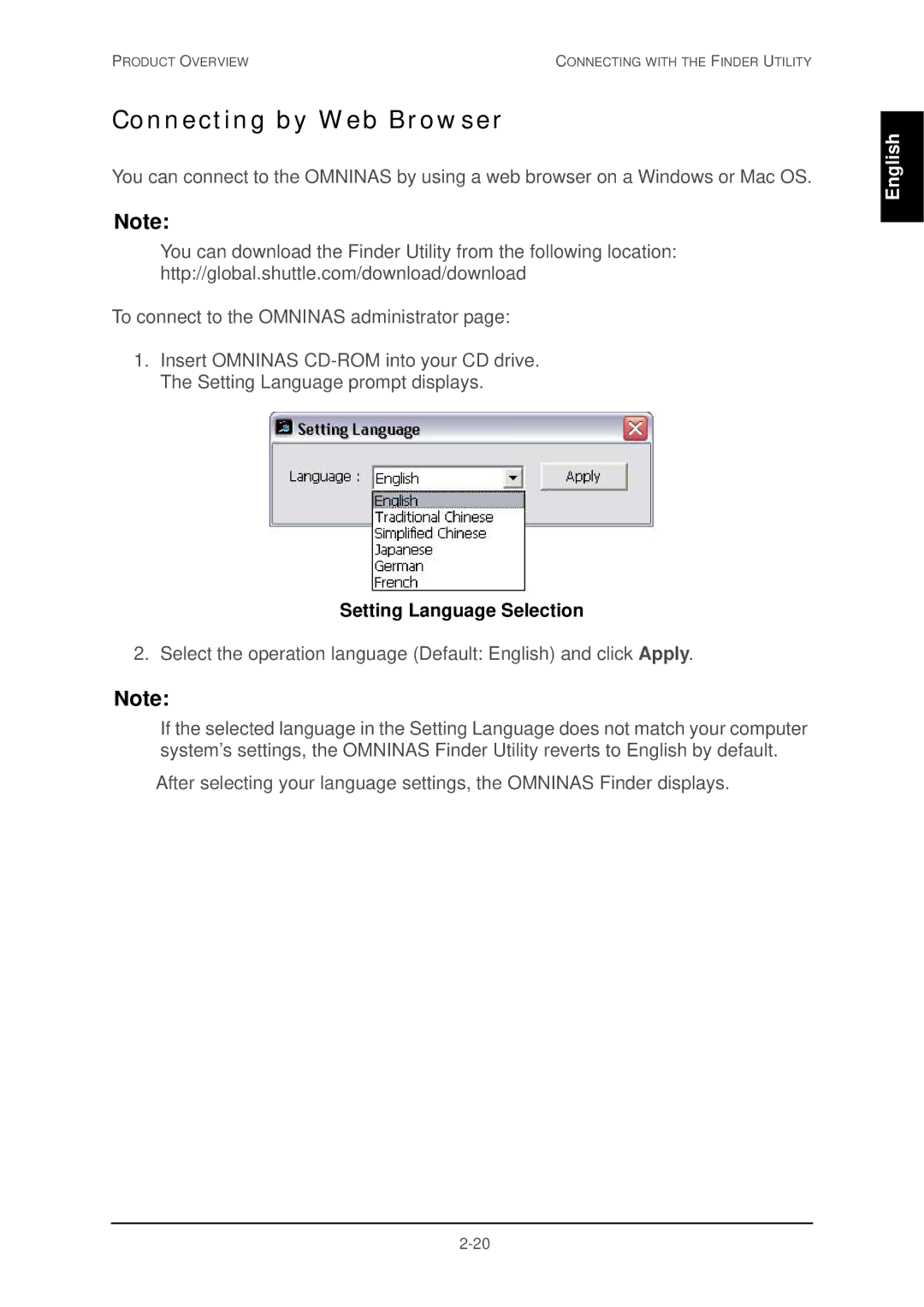 Shuttle Computer Group 74RKD20005SHU001 user manual Connecting by Web Browser, Setting Language Selection 