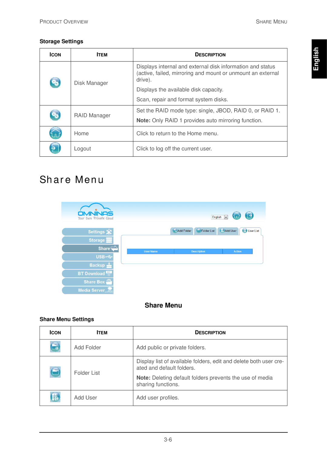 Shuttle Computer Group 74RKD20005SHU001 user manual Storage Settings, Share Menu Settings 