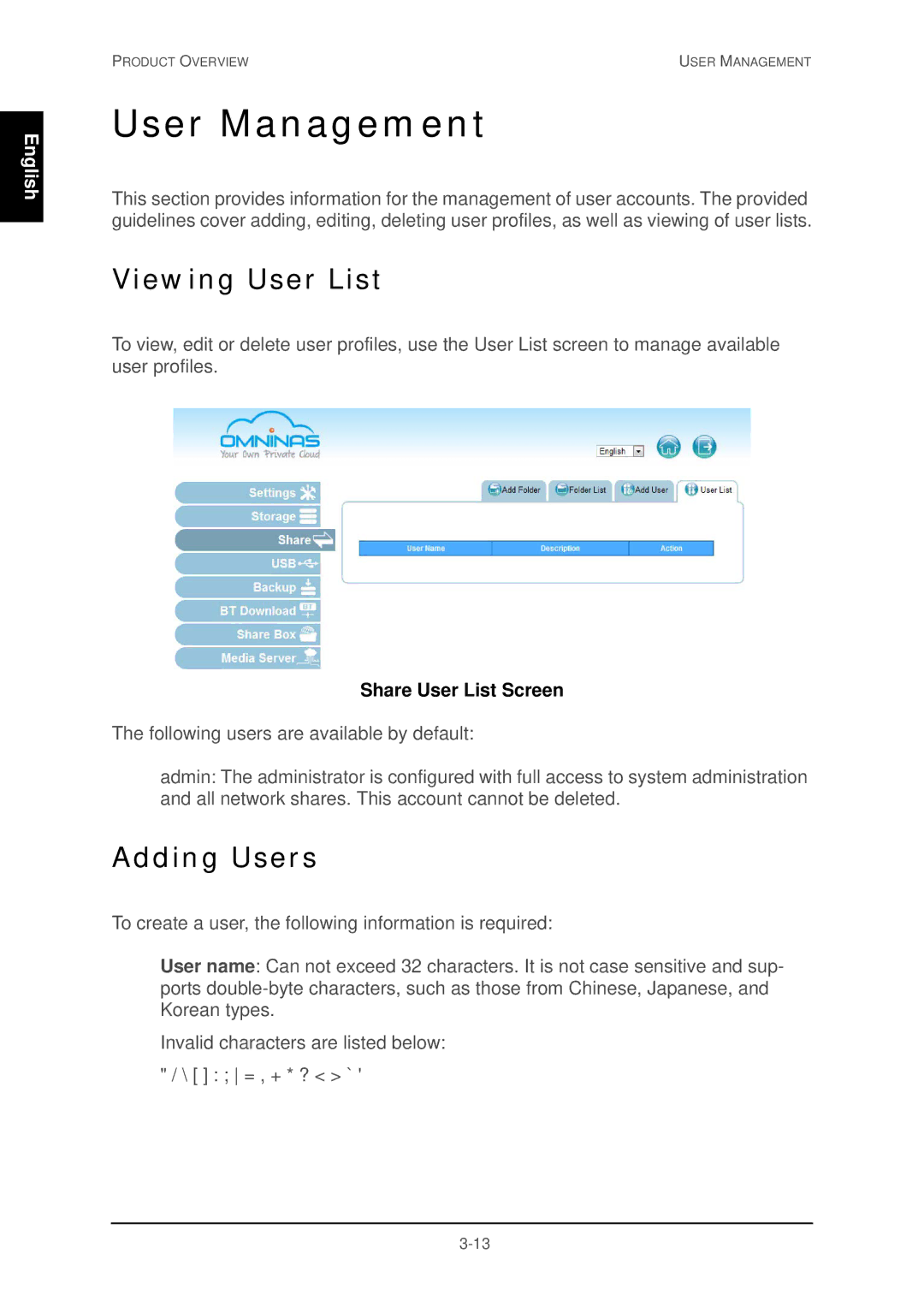 Shuttle Computer Group 74RKD20005SHU001 User Management, Viewing User List, Adding Users, Share User List Screen 