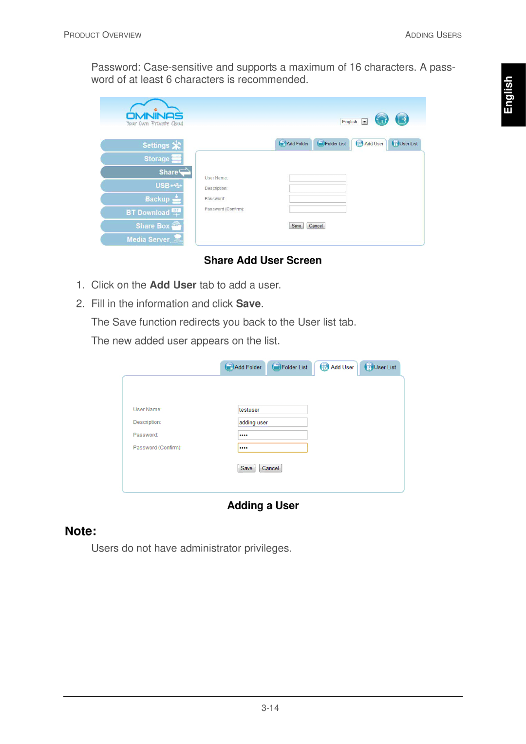 Shuttle Computer Group 74RKD20005SHU001 user manual Share Add User Screen, Adding a User 