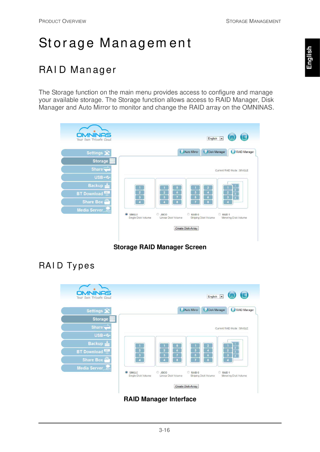 Shuttle Computer Group 74RKD20005SHU001 user manual Storage Management, RAID Types, Storage RAID Manager Screen 