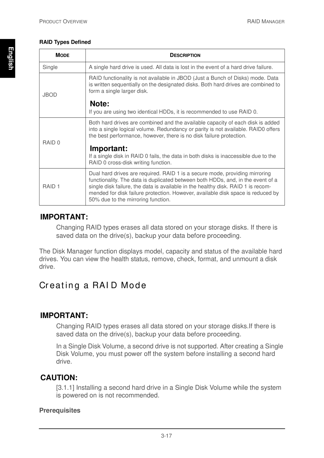 Shuttle Computer Group 74RKD20005SHU001 user manual Creating a RAID Mode, Prerequisites, RAID Types Defined 