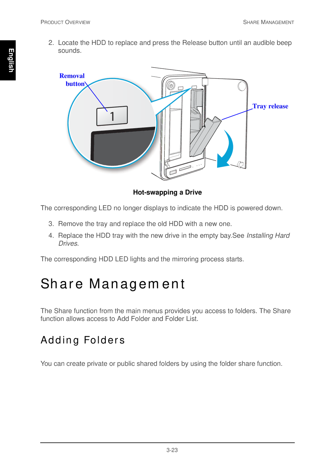 Shuttle Computer Group 74RKD20005SHU001 user manual Share Management, Adding Folders, Hot-swapping a Drive 