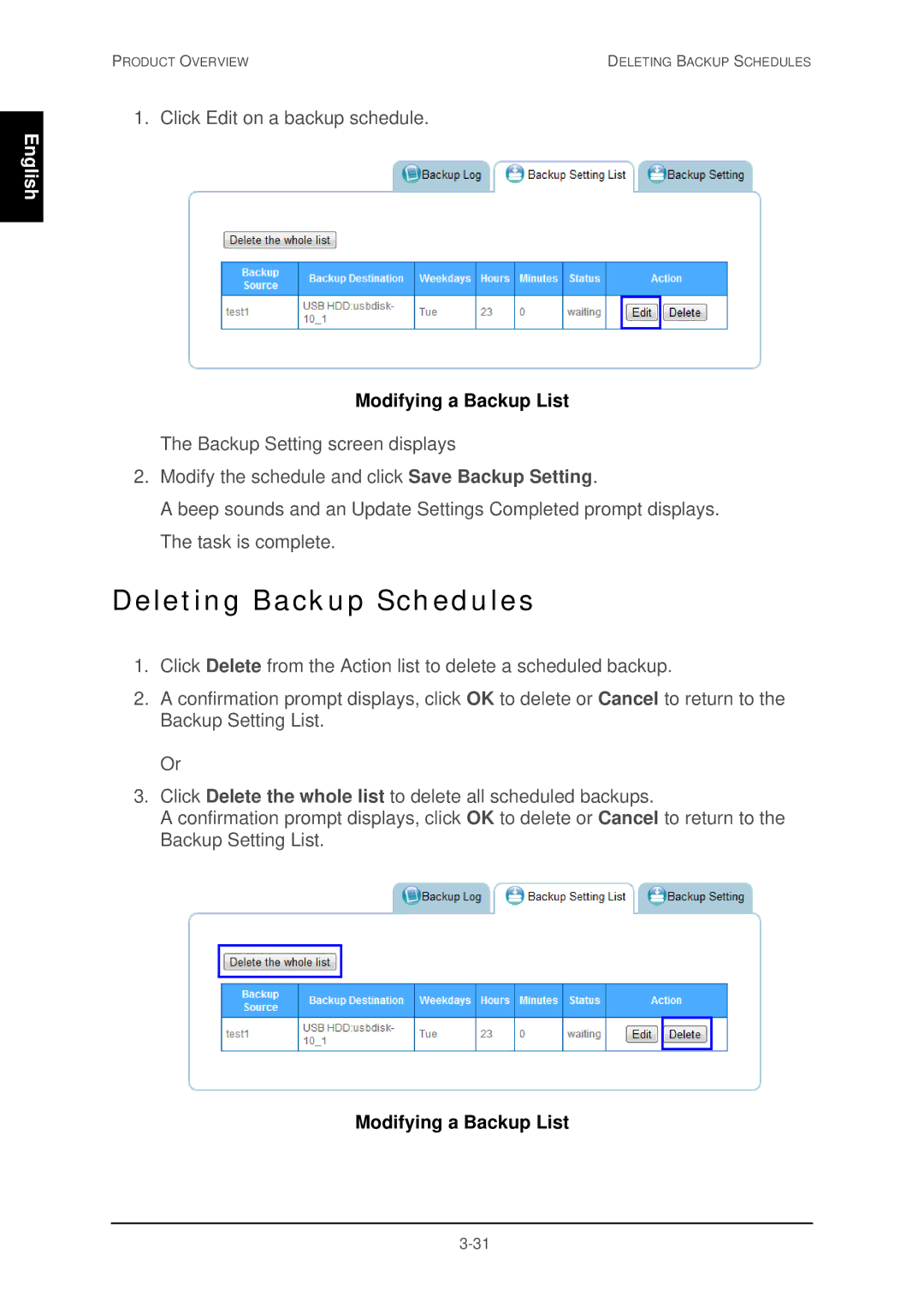 Shuttle Computer Group 74RKD20005SHU001 user manual Deleting Backup Schedules, Modifying a Backup List 