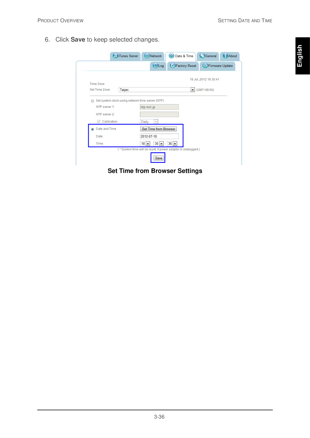 Shuttle Computer Group 74RKD20005SHU001 user manual Set Time from Browser Settings 