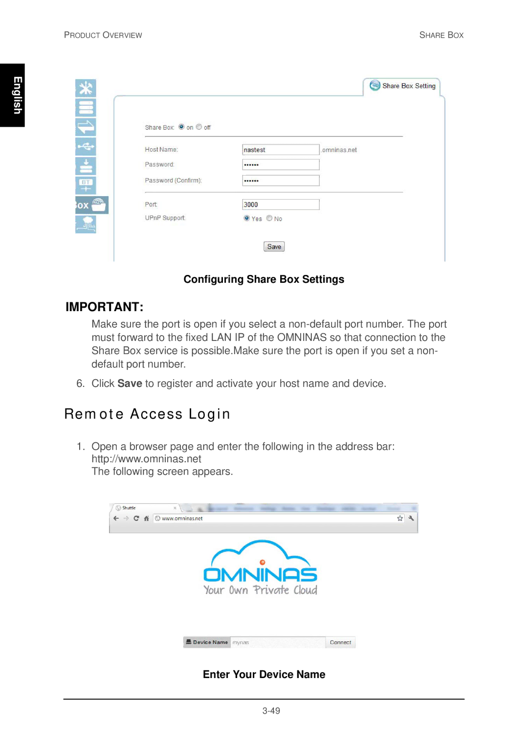 Shuttle Computer Group 74RKD20005SHU001 Remote Access Login, Configuring Share Box Settings, Enter Your Device Name 