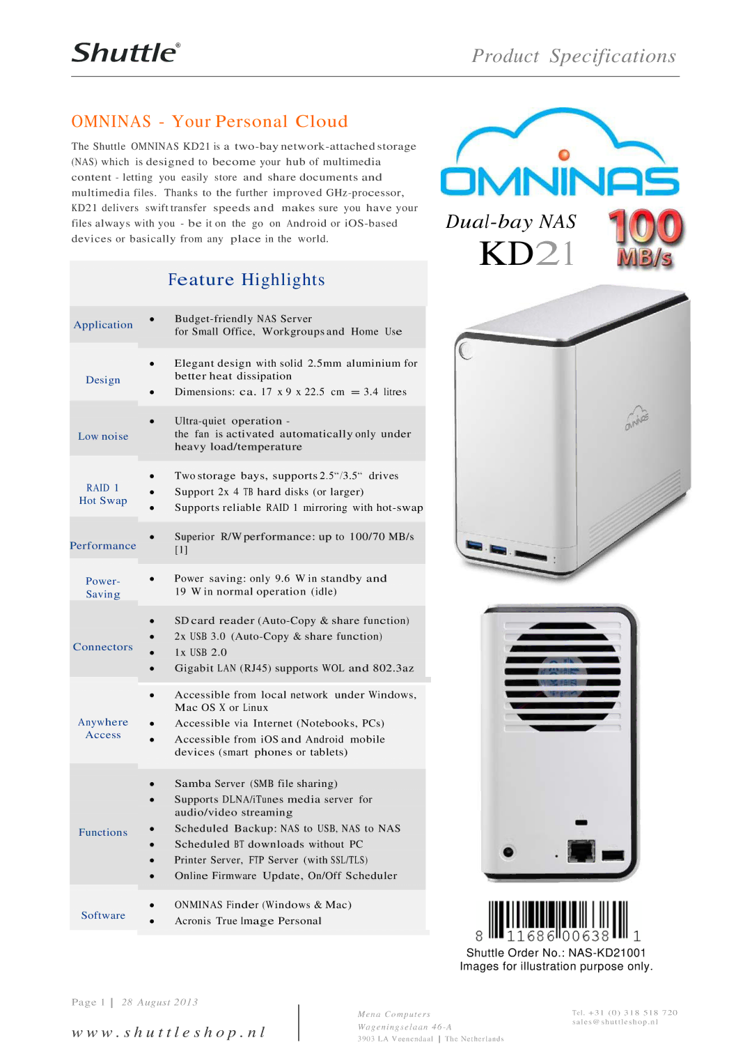 Shuttle Computer Group KD21 specifications Product Specifications, Omninas Your Personal Cloud 