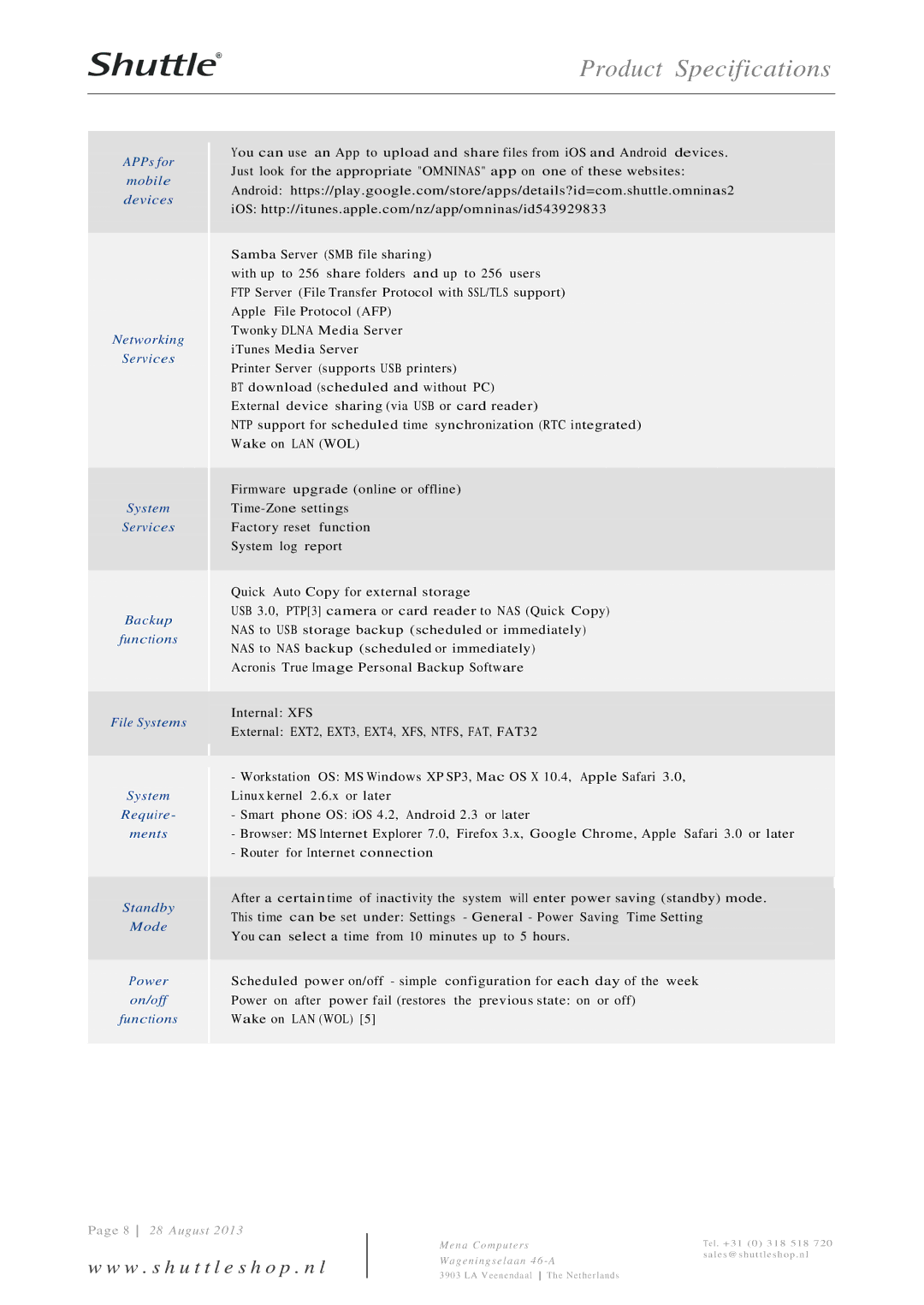 Shuttle Computer Group KD21 specifications File Systems, Require, Ments, Standby, Mode, Power, On/off 