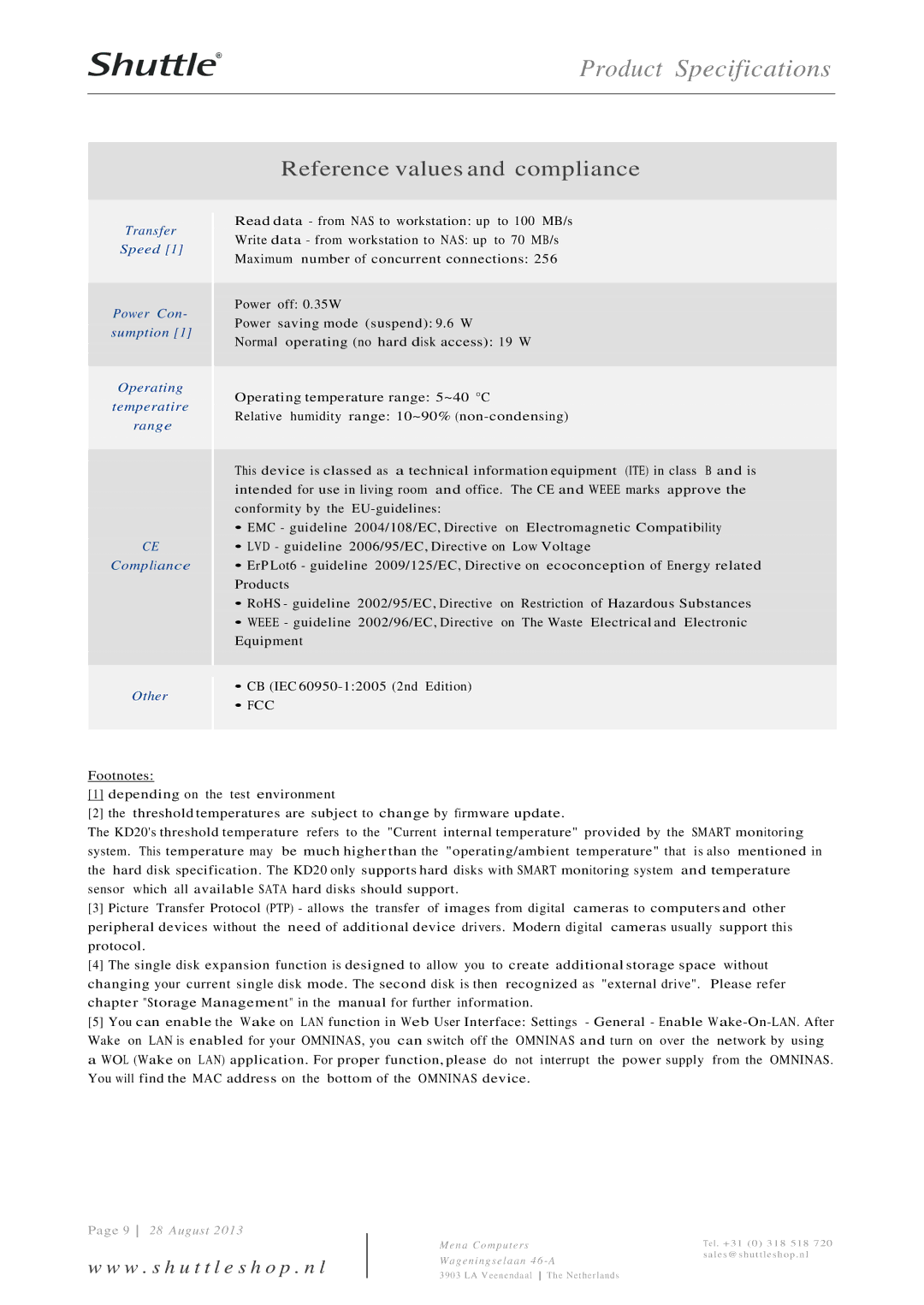 Shuttle Computer Group KD21 specifications Reference values and compliance, Other 