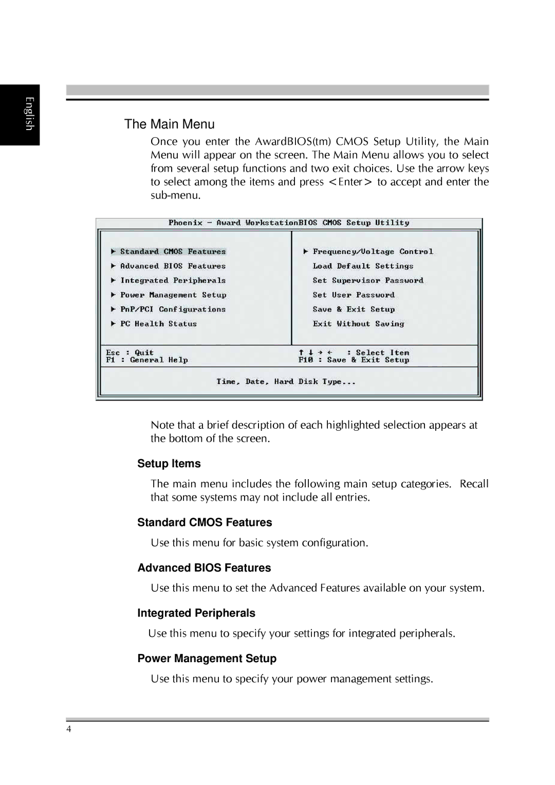 Shuttle Computer Group SA76 manual Main Menu, Setup Items 