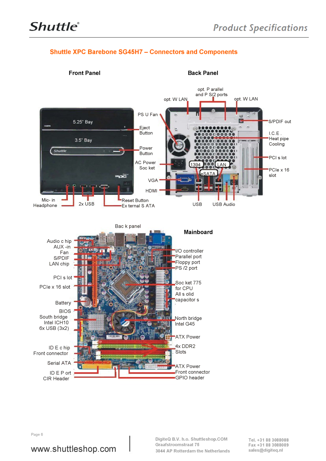 Shuttle Computer Group manual Shuttle XPC Barebone SG45H7 Connectors and Components 