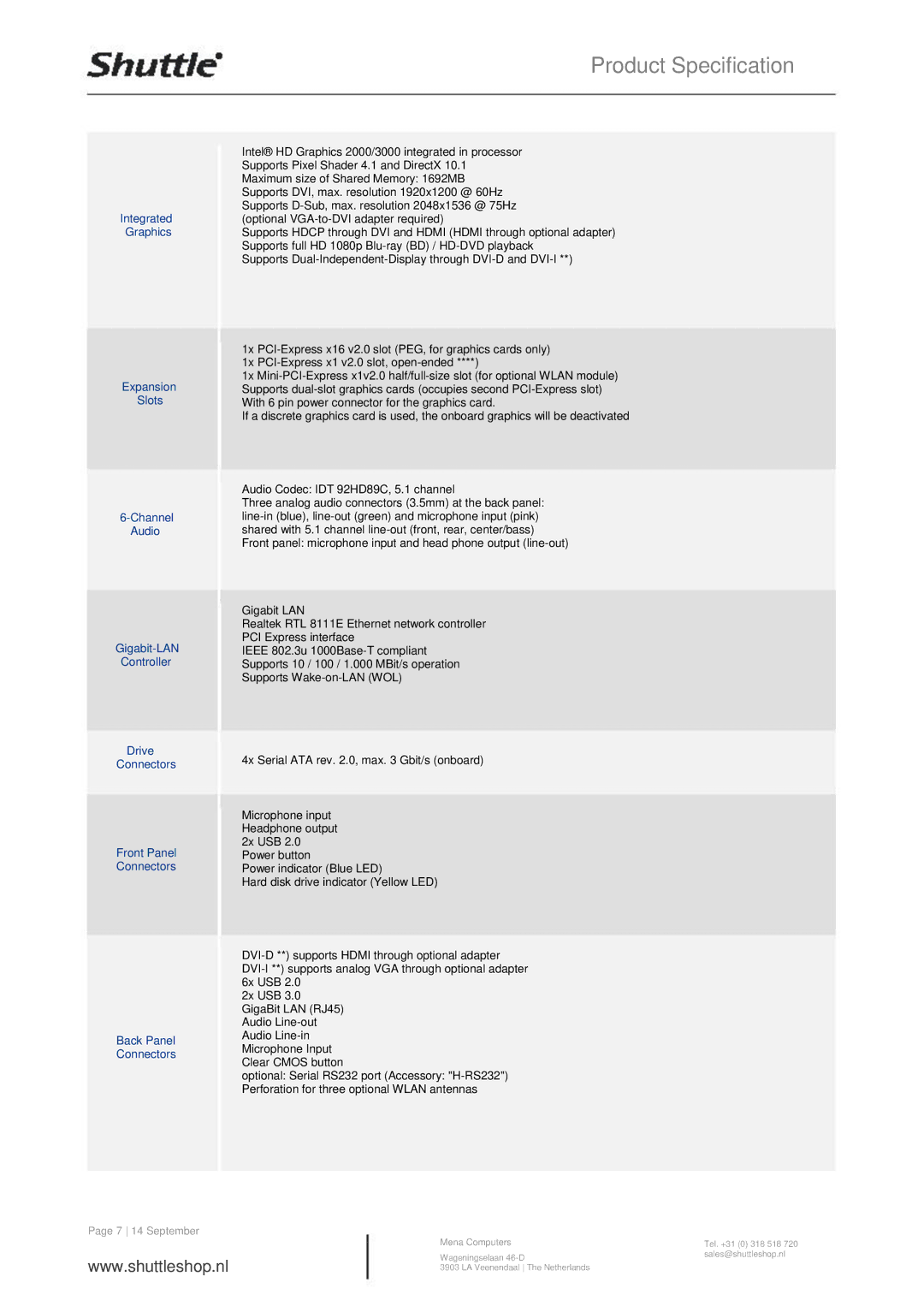 Shuttle Computer Group SH61R4 manual 7 14 September 